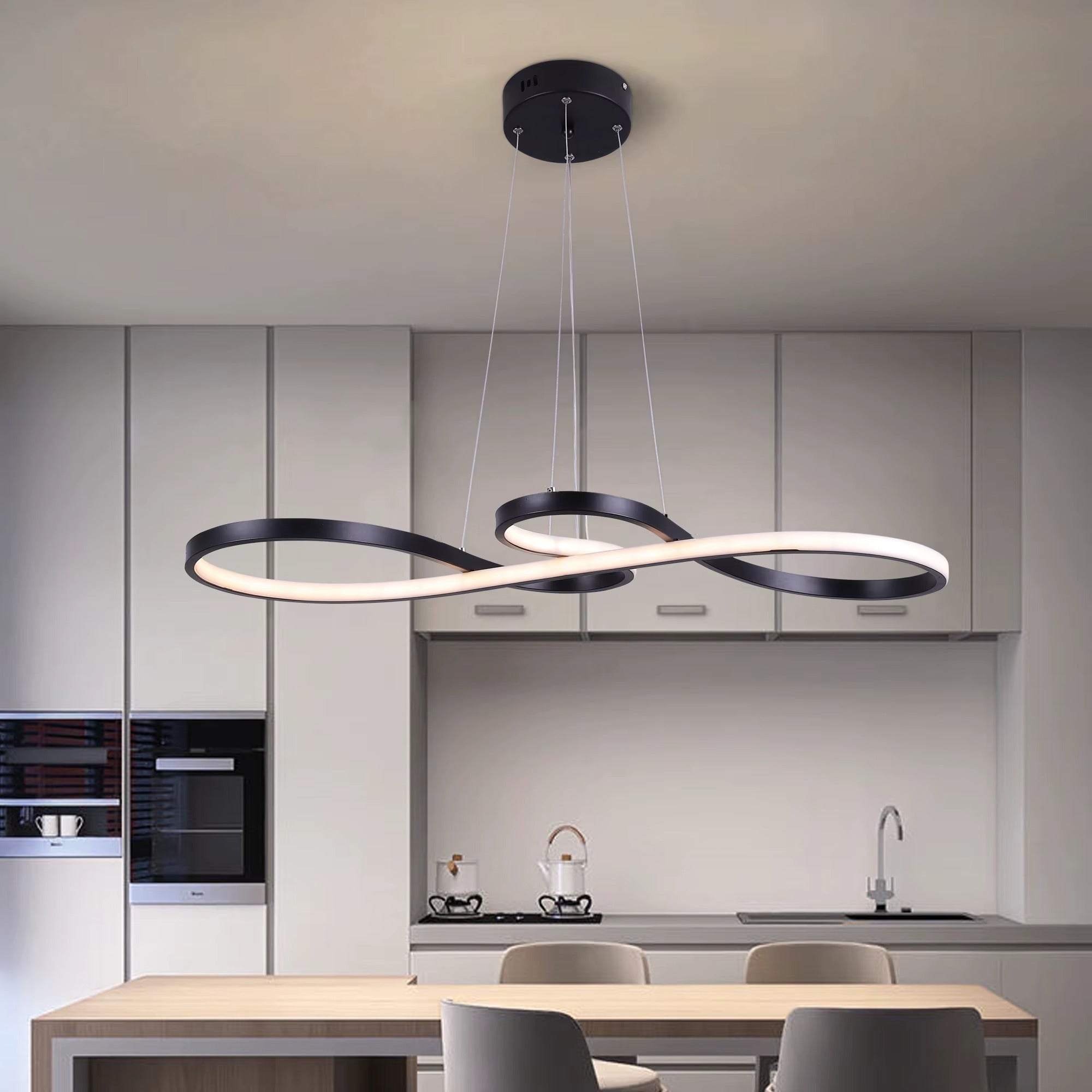 Modern Wave LED Pendant Light - 30" Black Adjustable Island