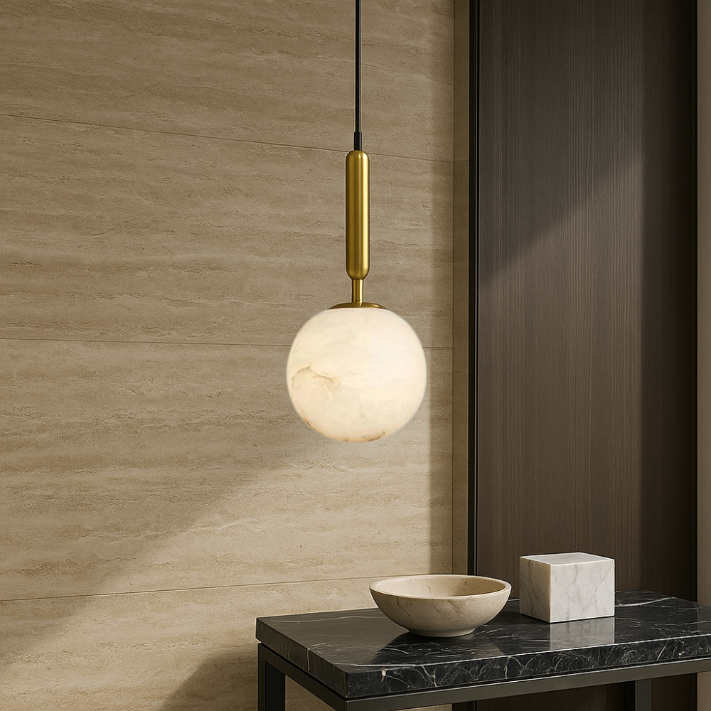 Elegant Brass Pendant Light with Alabaster Globe | Adjustable Height for Warm Kitchen Lighting