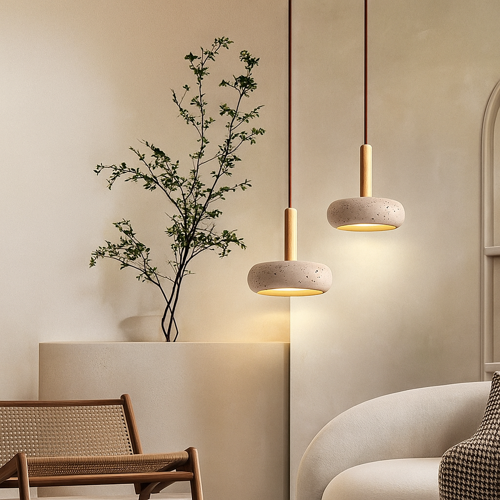 Elegant Travertine Pendant Light with Adjustable Height | Modern Stone Design for Cozy Ambiance