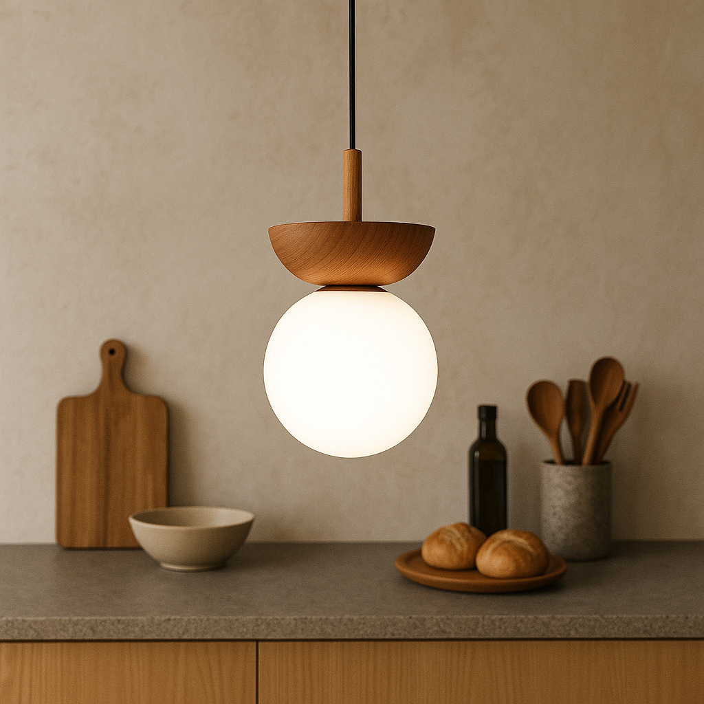 Japandi | Pendant Light with Natural Wood Slats & Adjustable Height | Modern Kitchen Pendant Lighting for Elegant Ambiance