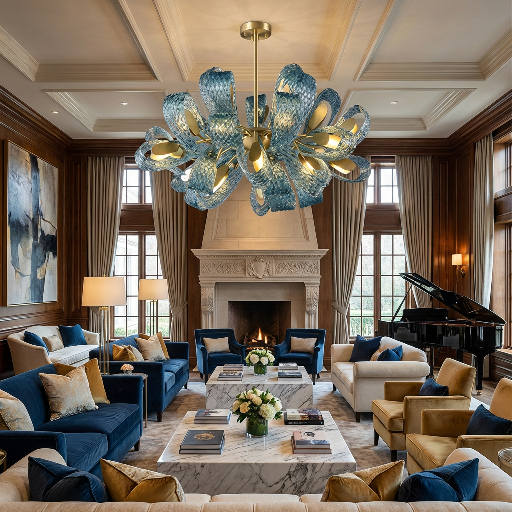 Luxury Blue Crystal Chandelier – Modern Gold Ceiling Light Statement Fixture