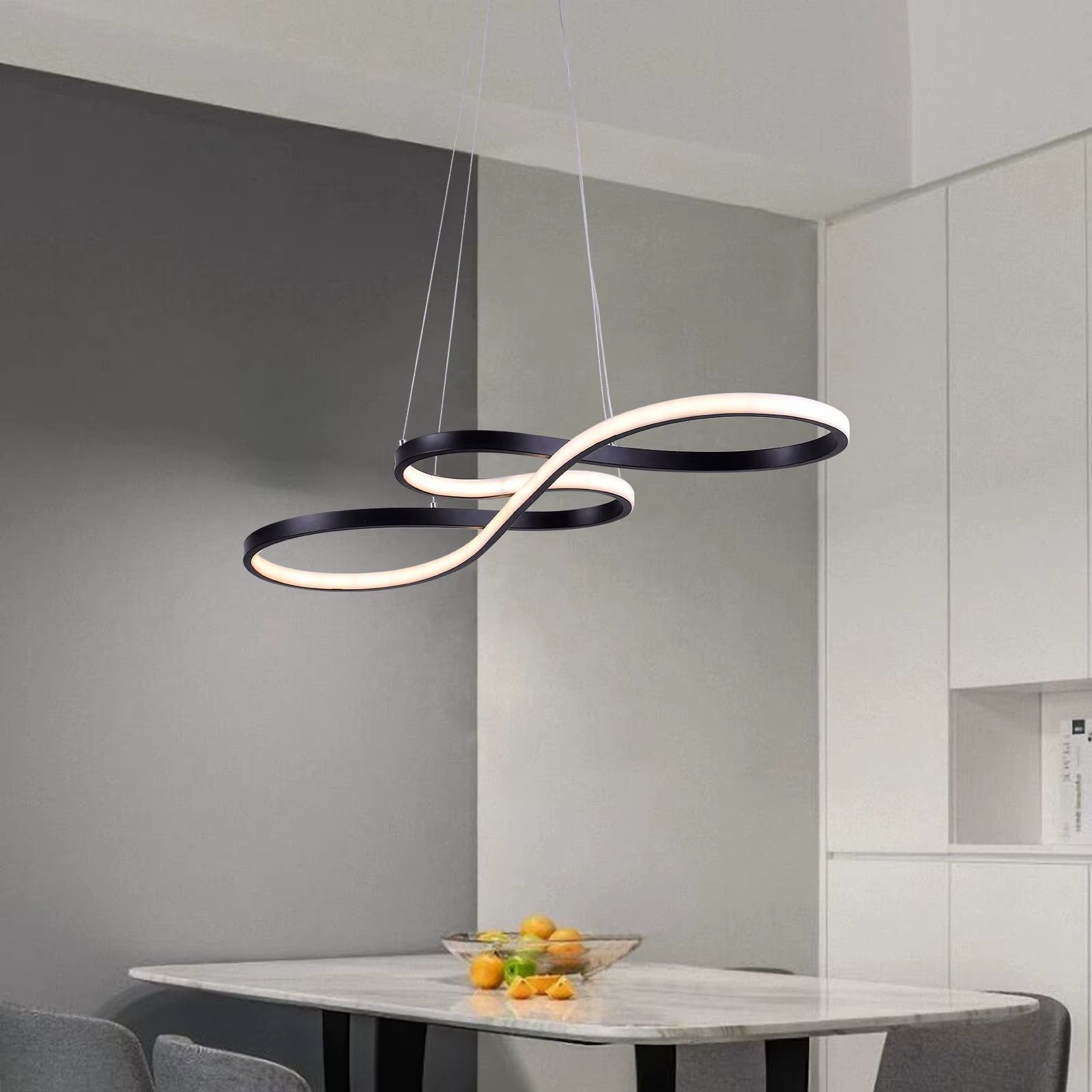 Modern Wave LED Pendant Light - 30" Black Adjustable Island