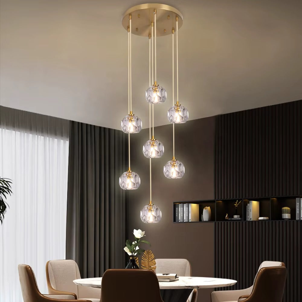 Crystal Cascade Chandelier - 7-Light Gold Pendant Staircas