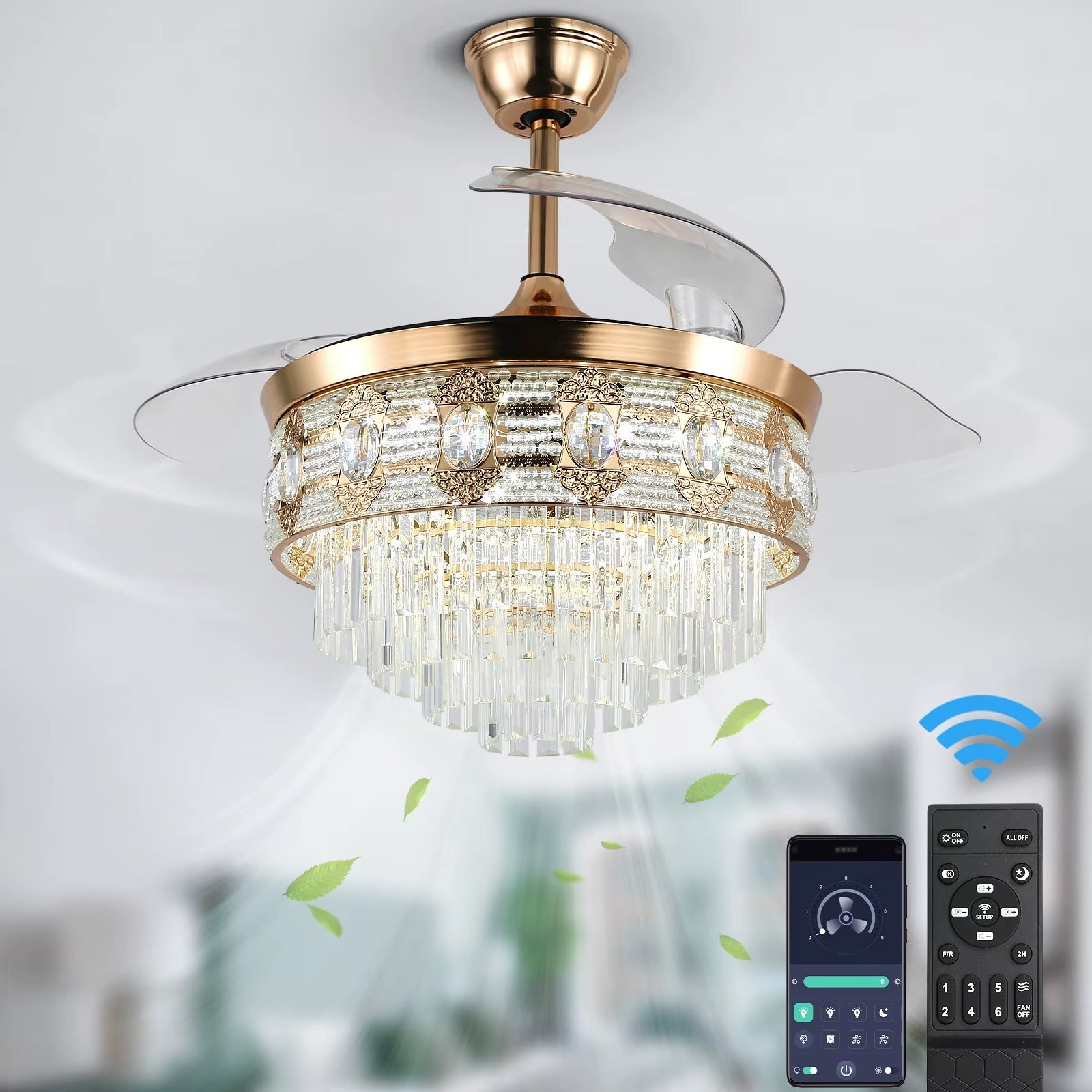 Gold Crystal Chandelier Fan - 42" Retractable Blades LED Remote
